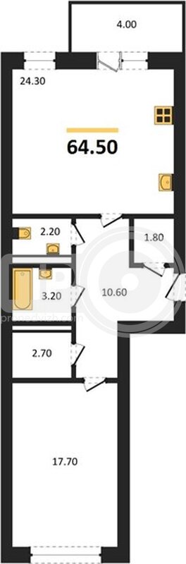 1-комнатная квартира, 63.9кв.м