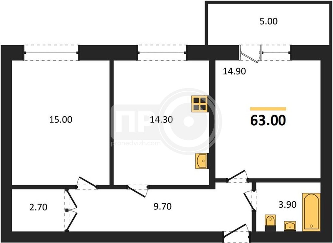 2-комнатная квартира, 62.9кв.м