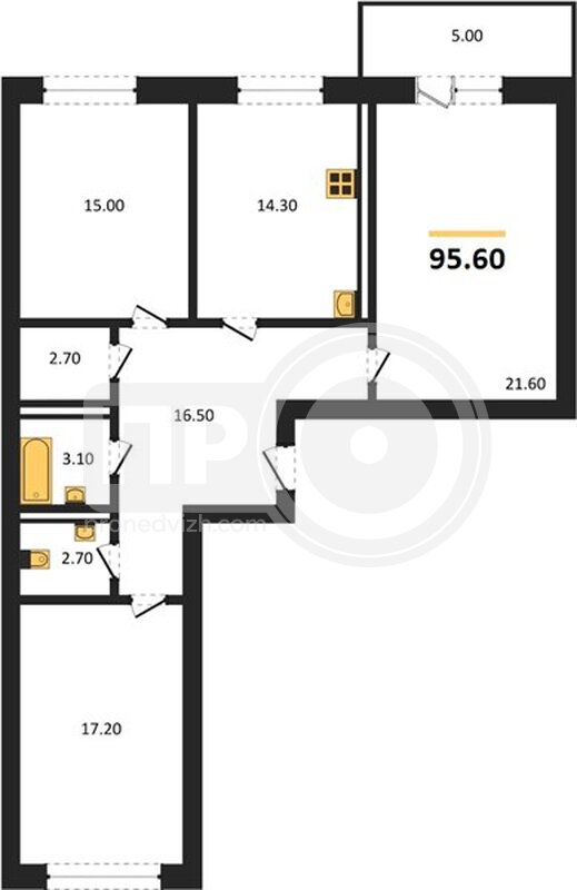 3-комнатная квартира, 95.5кв.м