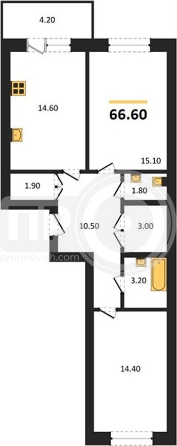 Миниатюра 2-комнатная квартира, 66.45кв.м
