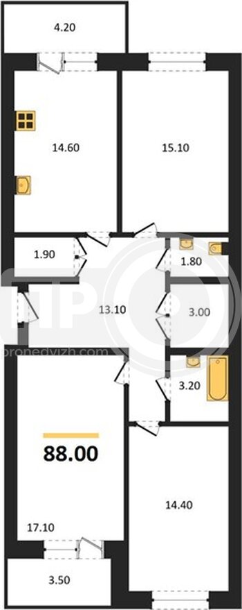 Миниатюра 3-комнатная квартира, 87.8кв.м