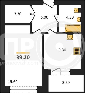 Миниатюра 1-комнатная квартира, 39.15кв.м