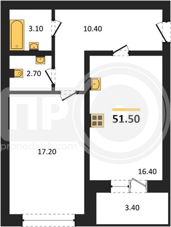 Миниатюра 1-комнатная квартира, 51.3кв.м