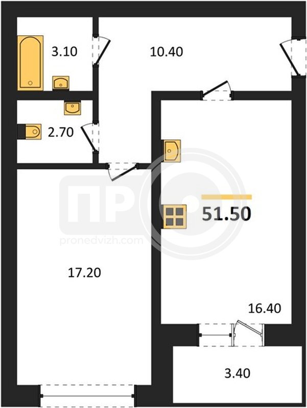 1-комнатная квартира, 51.3кв.м