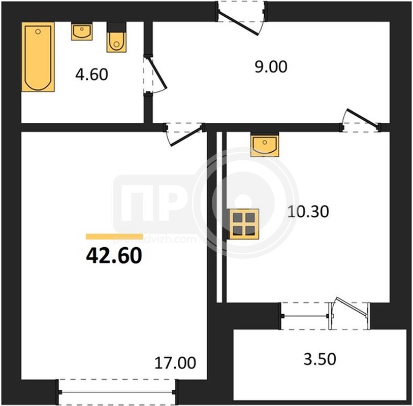 1-комнатная квартира, 42.45кв.м