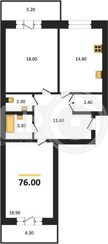 2-комнатная квартира, 75.85кв.м
