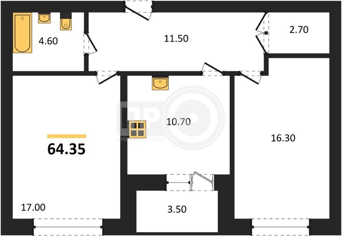 2-комнатная квартира, 64.35кв.м