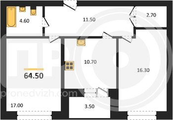 Миниатюра 2-комнатная квартира, 64.35кв.м