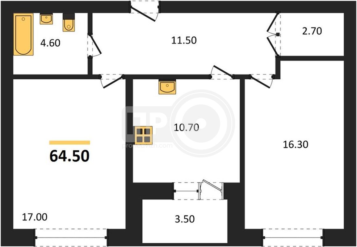 2-комнатная квартира, 64.35кв.м
