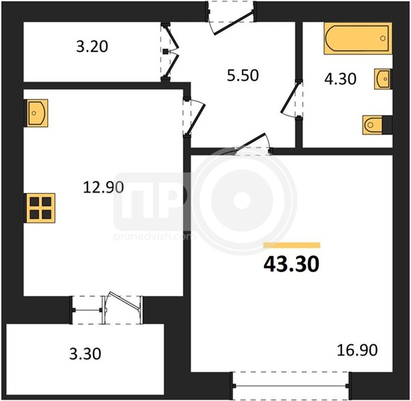 1-комнатная квартира, 44.45кв.м