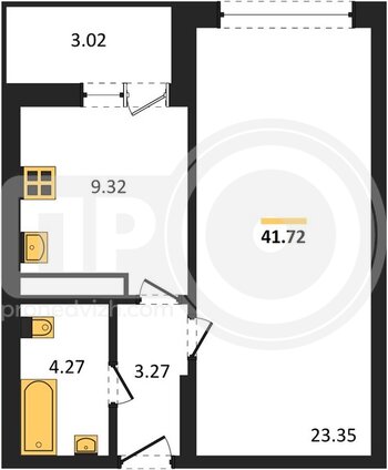 Миниатюра 1-комнатная квартира, 41.72кв.м