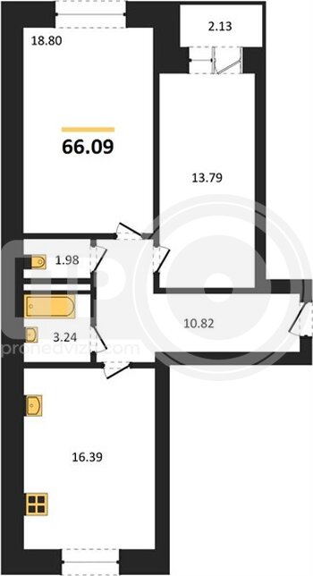Миниатюра 2-комнатная квартира, 66.09кв.м