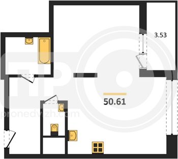 Миниатюра 2-комнатная квартира, 50.61кв.м