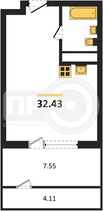 квартира-студия, 32,43кв.м.