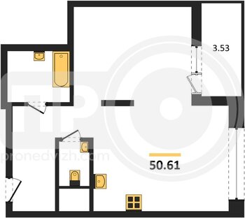 Миниатюра 2-комнатная квартира, 50.61кв.м