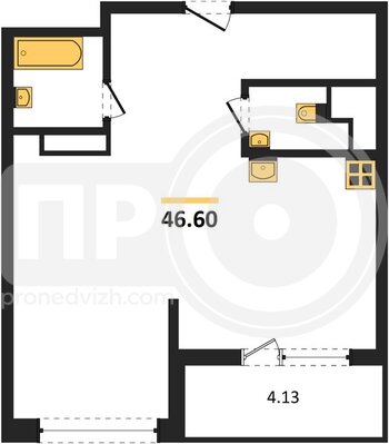 Миниатюра 1-комнатная квартира, 46.6кв.м