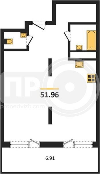 Миниатюра 1-комнатная квартира, 51.96кв.м