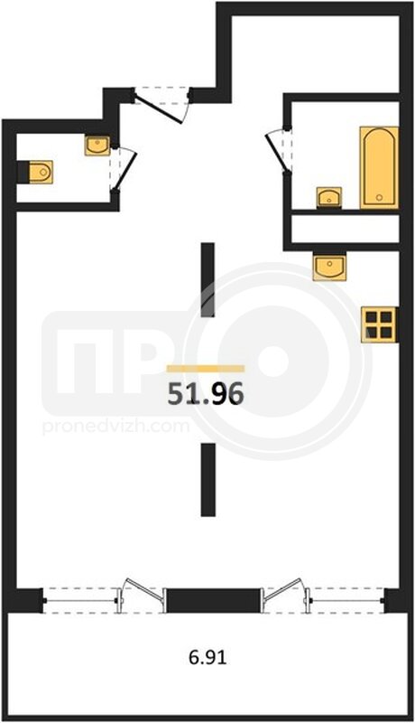 1-комнатная квартира, 51.96кв.м