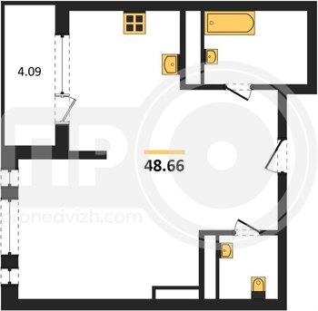 Миниатюра 1-комнатная квартира, 48.66кв.м