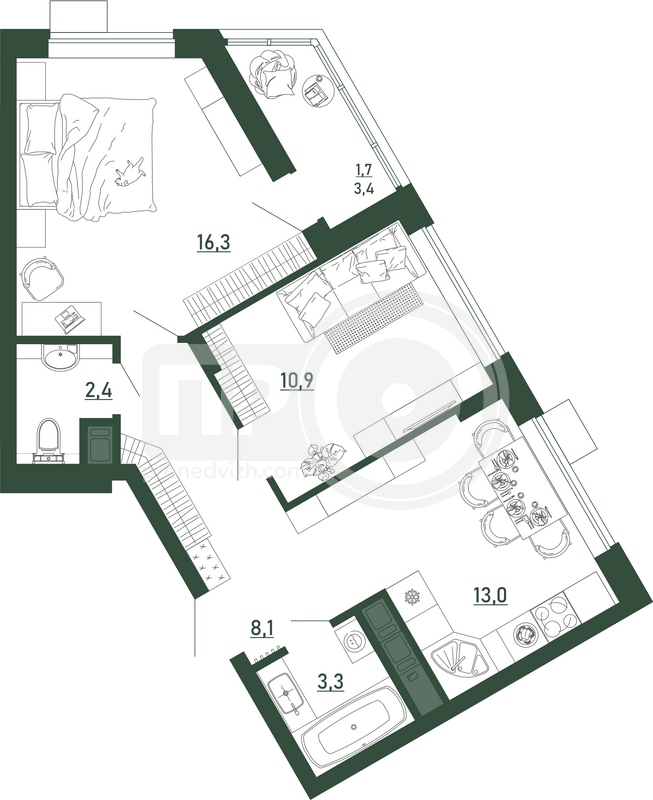 2-комнатная квартира, 55.7кв.м