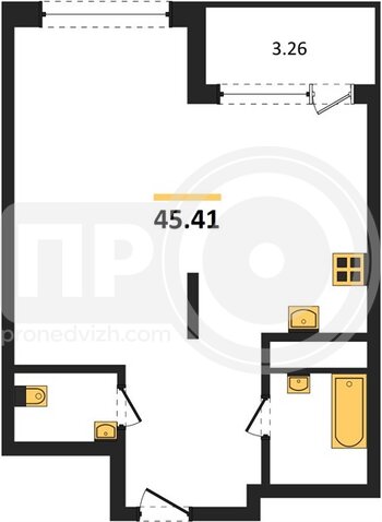 Миниатюра 1-комнатная квартира, 45.41кв.м