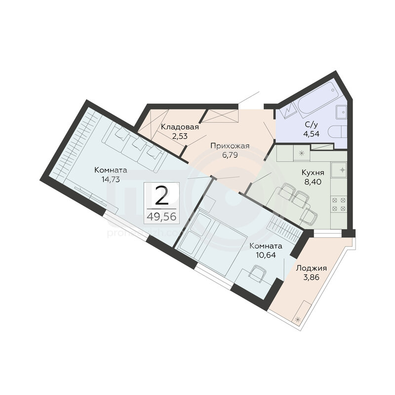 2-комнатная квартира, 49.56кв.м
