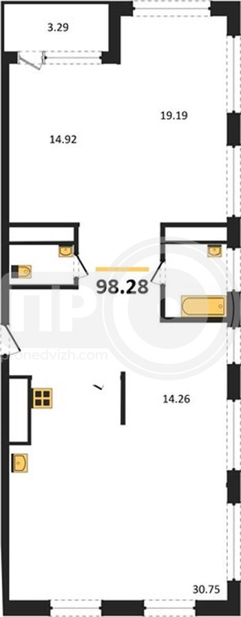 Миниатюра 3-комнатная квартира, 98.28кв.м