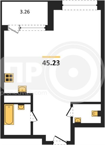 Миниатюра 1-комнатная квартира, 45.23кв.м