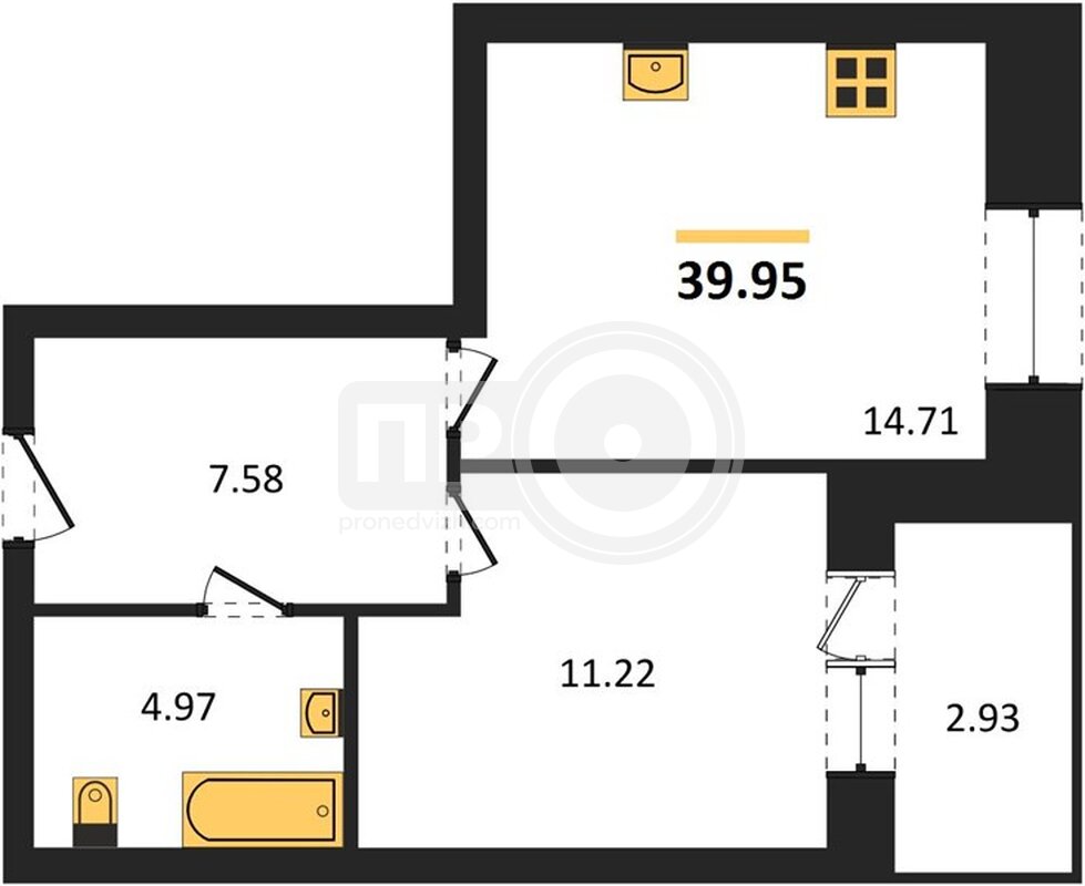 1-комнатная квартира, 39.95кв.м