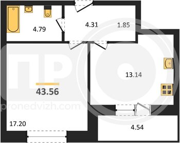 Миниатюра 1-комнатная квартира, 43.56кв.м