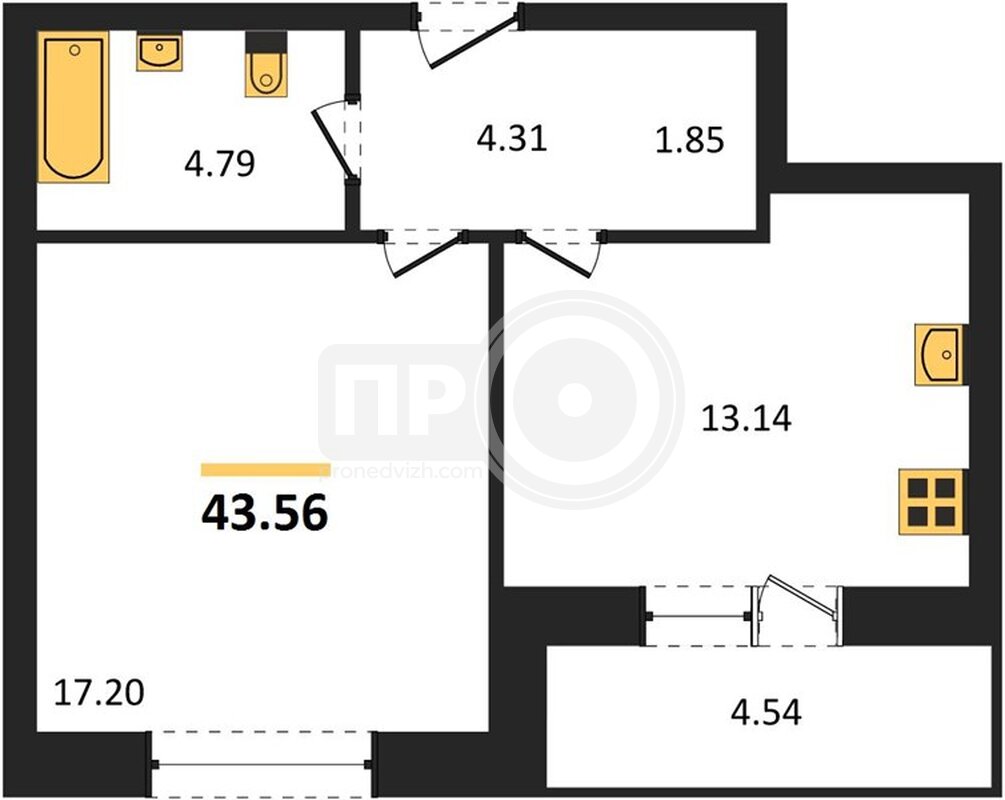 1-комнатная квартира, 43.56кв.м