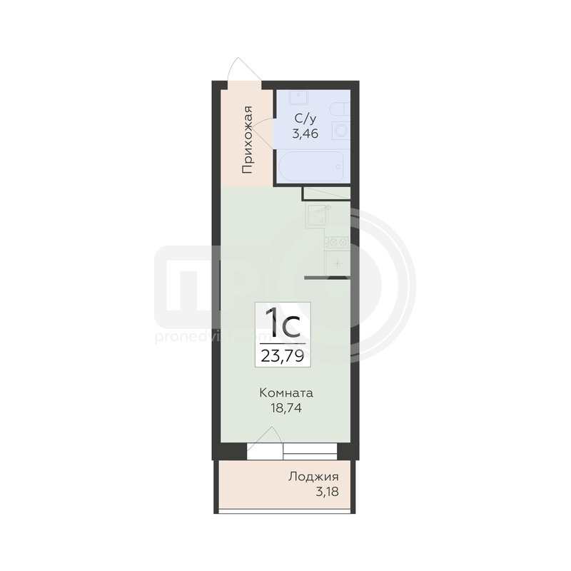 1-комнатная квартира, 23.79кв.м