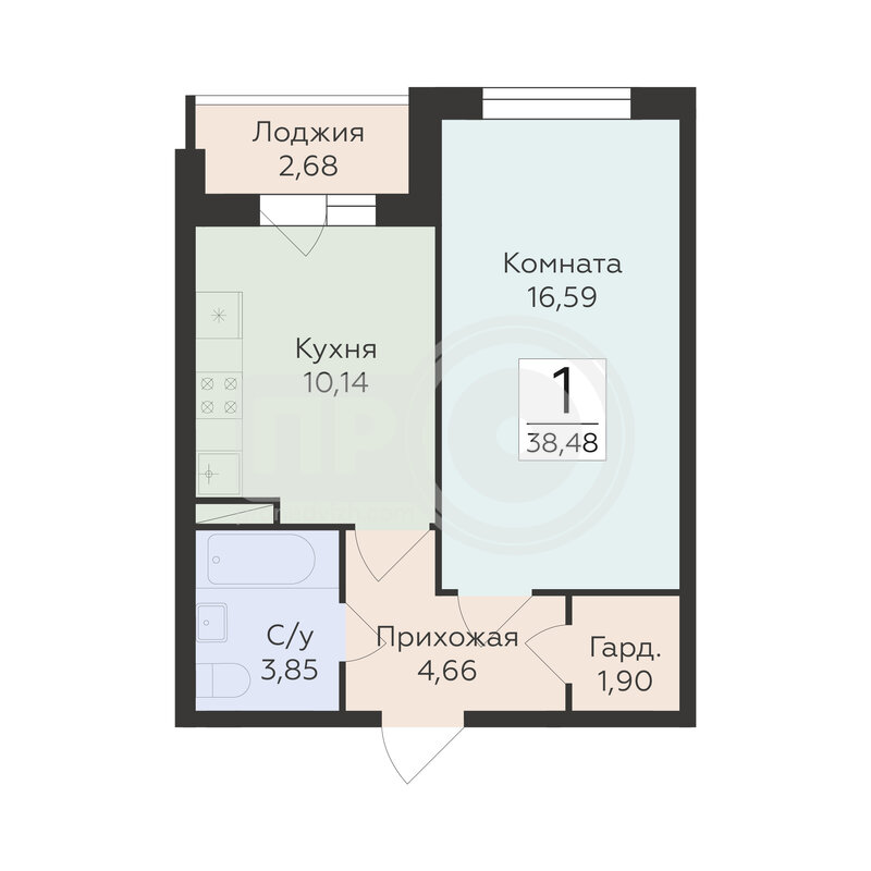 1-комнатная квартира, 38.48кв.м