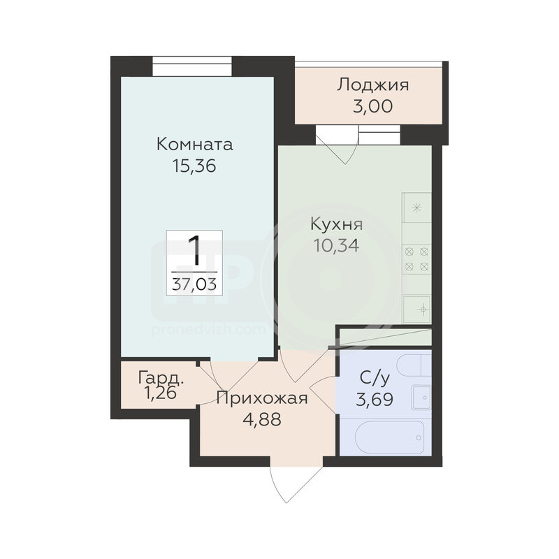 1-комнатная квартира, 37.03кв.м