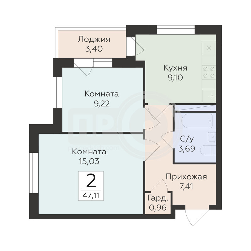 2-комнатная квартира, 47.11кв.м