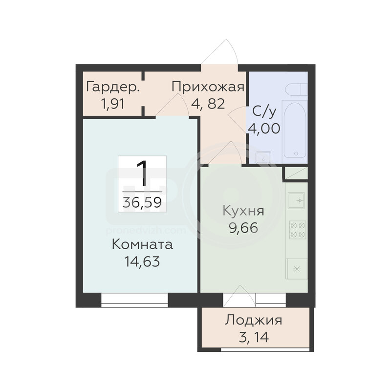 1-комнатная квартира, 36.59кв.м