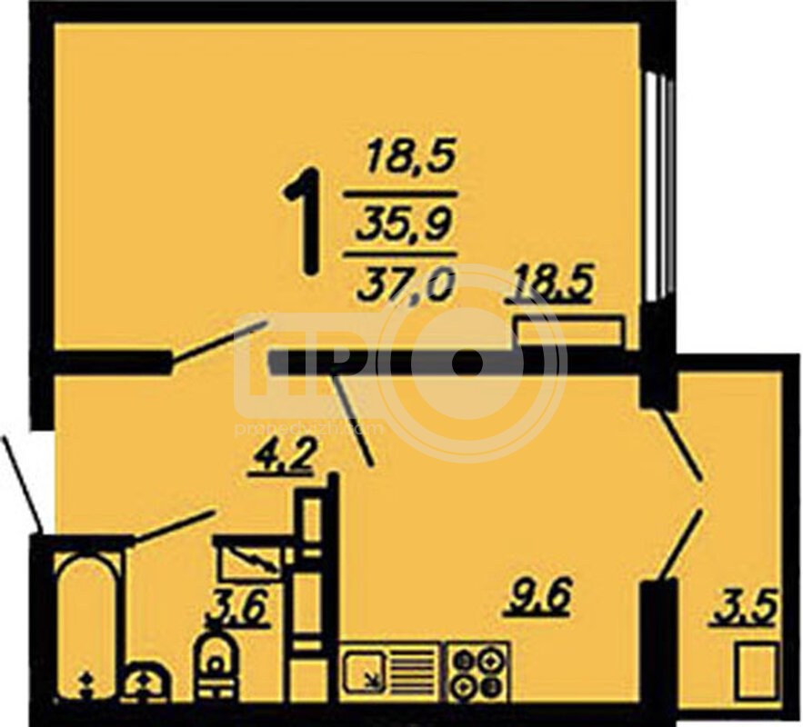 1-комнатная квартира, 37.6кв.м