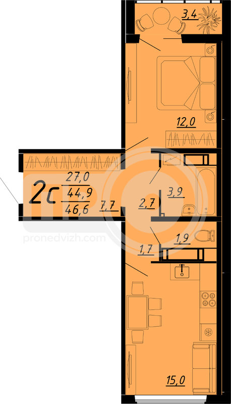2-комнатная квартира, 46.5кв.м