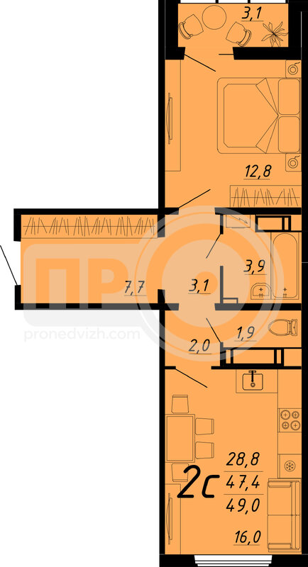 2-комнатная квартира, 49кв.м