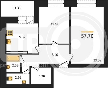 Миниатюра 2-комнатная квартира, 57.7кв.м