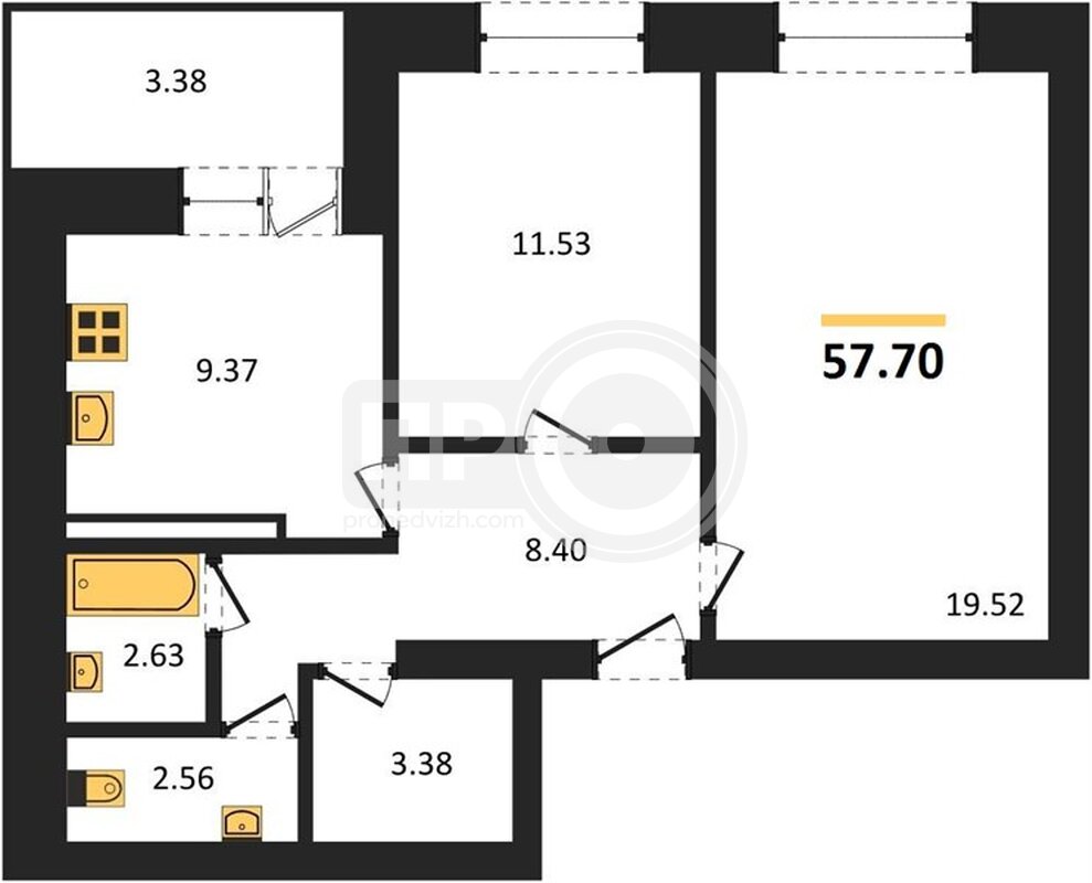 2-комнатная квартира, 57.7кв.м