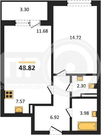 Миниатюра 1-комнатная квартира, 48.82кв.м