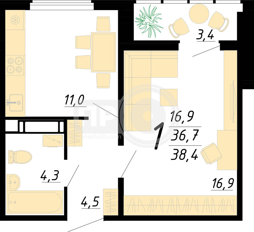 1-комнатная квартира, 47кв.м