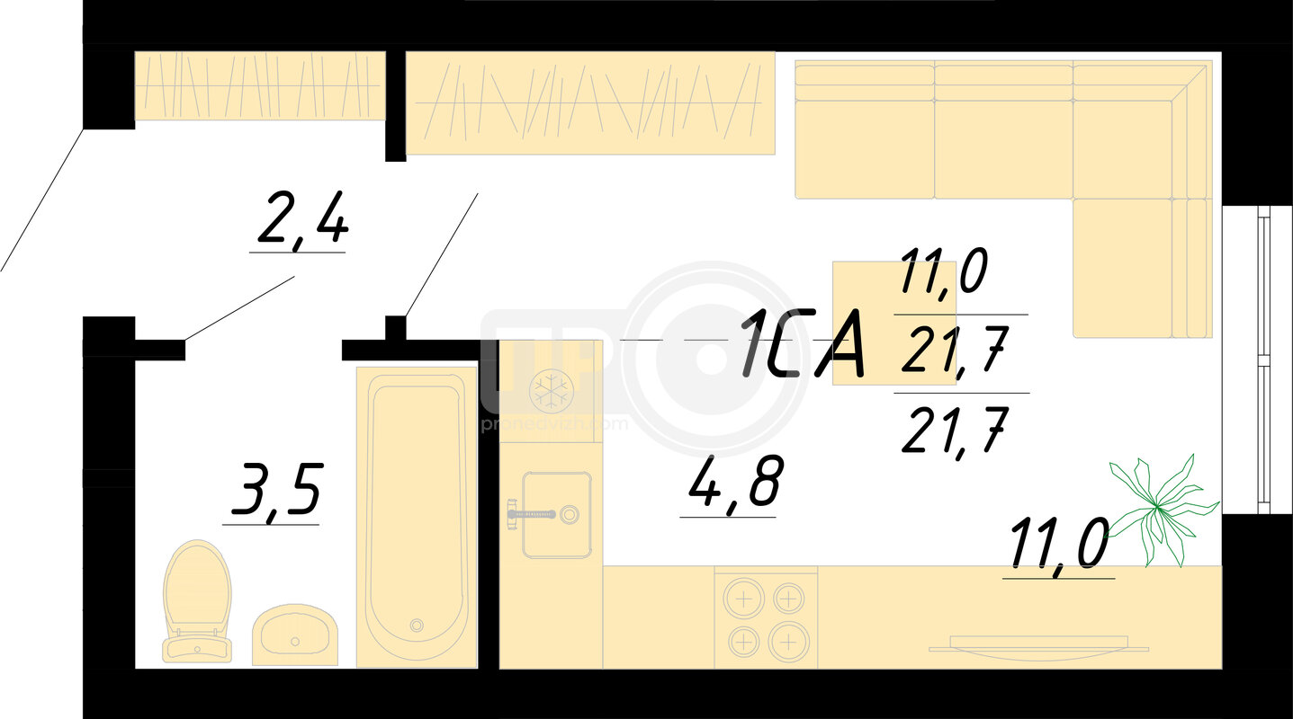 1-комнатная квартира, 25.6кв.м