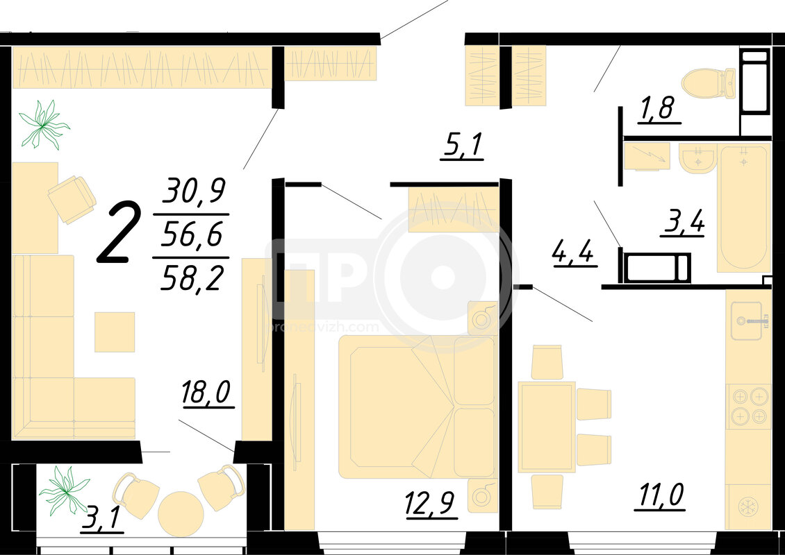 2-комнатная квартира, 57.3кв.м