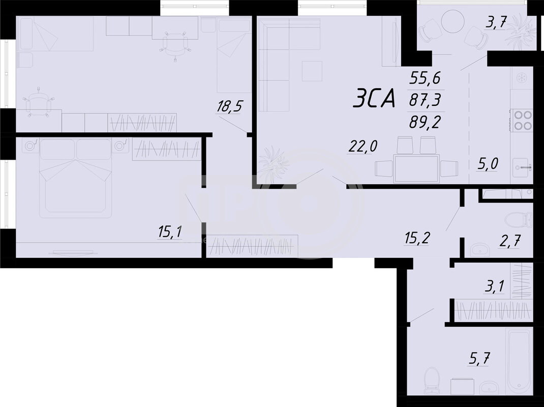 3-комнатная квартира, 89.2кв.м