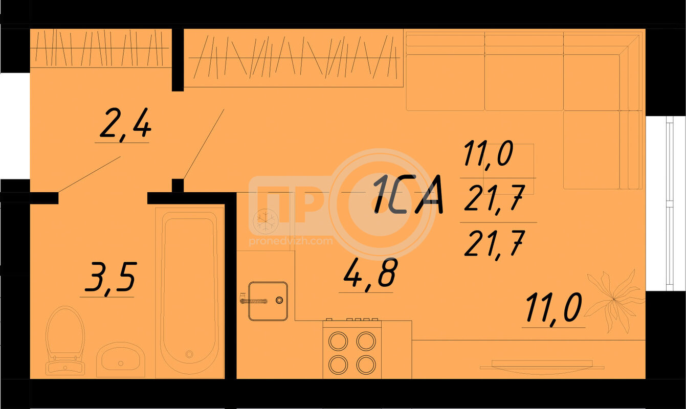 1-комнатная квартира, 21.7кв.м