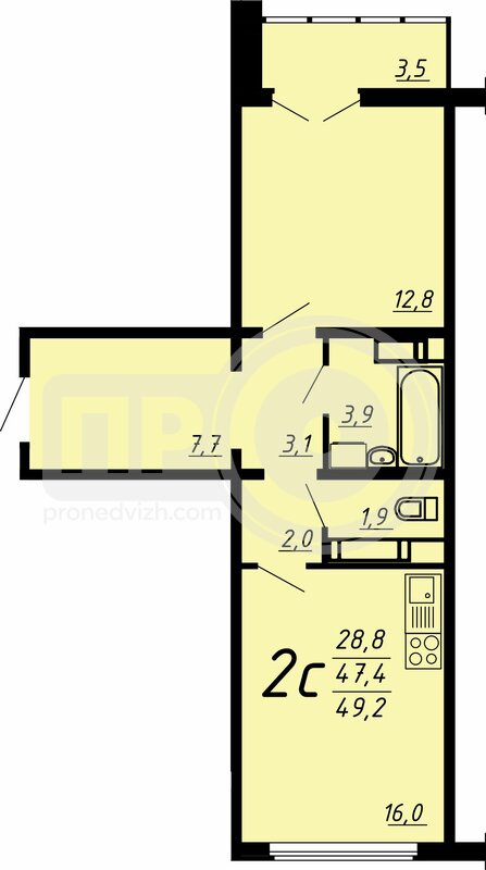 2-комнатная квартира, 48.6кв.м