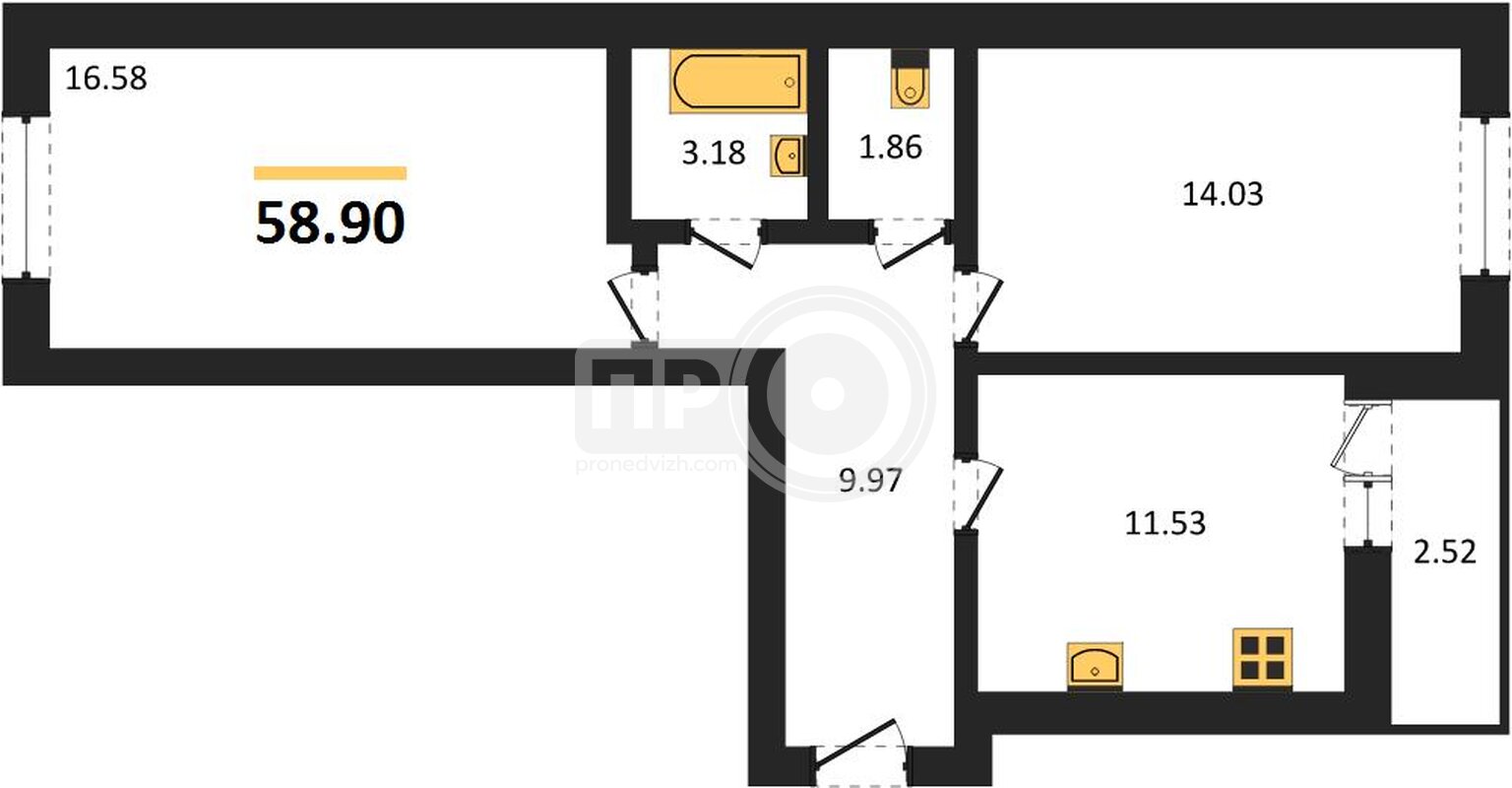 2-комнатная квартира, 58.9кв.м