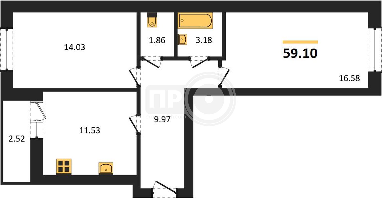2-комнатная квартира, 59.1кв.м